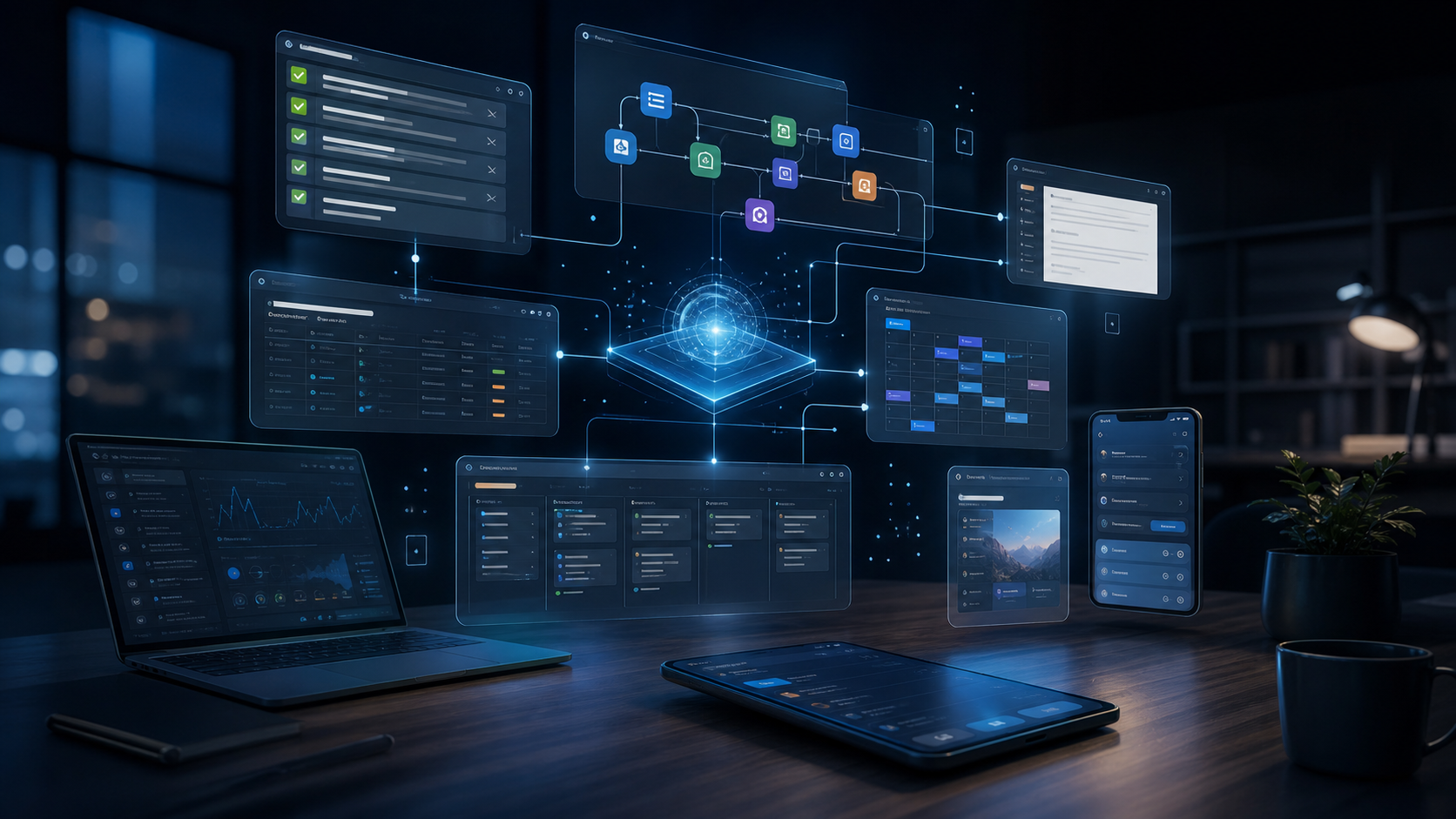 AI社員、業務アプリ、CRM、自動化がつながるAlphabaseの業務基盤イメージ
